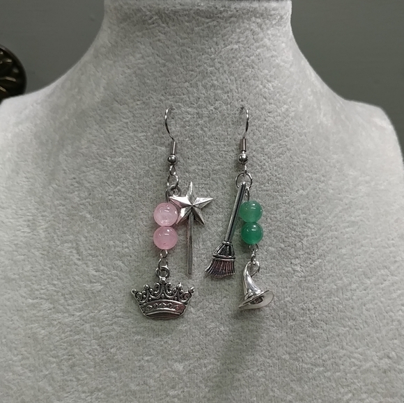 Witch Mismatched Earrings Rose Quartz Aventurine Natural Gemstone StainlessSteel - Picture 11 of 11